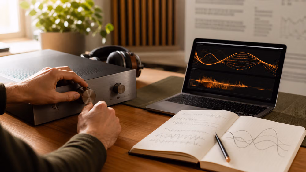 An original editorial illustration of a human audio reviewer using physical equipment alongside precise browser-based DSP analysis An original editorial illustration of a human audio reviewer using physical equipment alongside precise browser-based DSP analysis