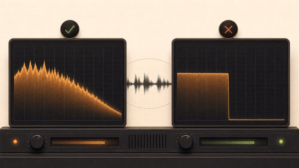 An original two-panel spectrum-analysis illustration contrasting a gradual high-frequency taper with a hard cutoff An original two-panel spectrum-analysis illustration contrasting a gradual high-frequency taper with a hard cutoff